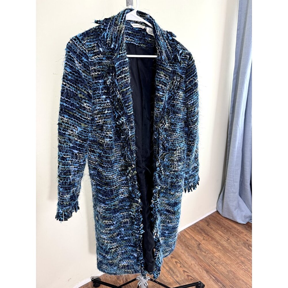 Laura Ashley Woman Blue & Black Striped Boucle Eyelash Fringe Coat Plus Size M